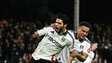 Fulham's Mexican striker #07 Raul Jimenez (L) celebrates with teammates after scoring his team second goal during the English Premier League football match between Fulham and Ipswich Town at Craven Cottage in London on January 5, 2025. (Photo by Ben STANSALL / AFP) / RESTRICTED TO EDITORIAL USE. No use with unauthorized audio, video, data, fixture lists, club/league logos or 'live' services. Online in-match use limited to 120 images. An additional 40 images may be used in extra time. No video emulation. Social media in-match use limited to 120 images. An additional 40 images may be used in extra time. No use in betting publications, games or single club/league/player publications. /