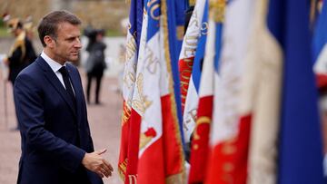 French President Emmanuel Macron meets with veterans during a ceremony marking the 84th anniversary of late French General Charles de Gaulle's World War II resistance call of June 18, 1940, at the Mont-Valerien memorial in Suresnes, France June 18, 2024.     LUDOVIC MARIN/Pool via REUTERS