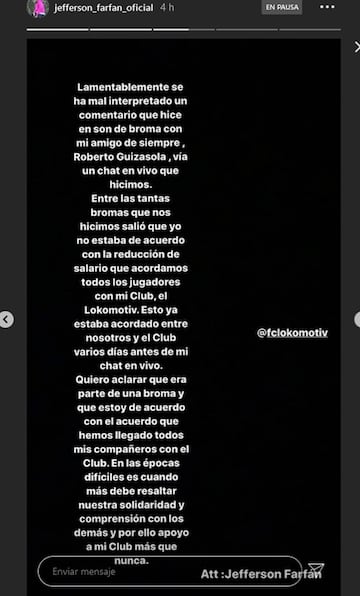 Farfán quiso dar explicaciones en Instagram sobre sus declaraciones tras la polémica suscitada.