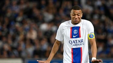 (FILES) Paris Saint-Germain's French forward Kylian Mbappe reacts during the French L1 football match between RC Strasbourg Alsace and Paris Saint-Germain (PSG) at Stade de la Meinau in Strasbourg, eastern France on May 27, 2023. French superstar Kylian Mbappe was reinstated in Paris Saint-Germain's first team on August 13, 2023 after being sidelined for several weeks amid an ongoing contract dispute. (Photo by Jean-Christophe Verhaegen / AFP)