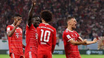 LEIPZIG, GERMANY - JULY 30: Leroy Sane of Bayern Munich celebrates scoring their side's fifth goal with teammates Sadio Mane and Leon Goretzka during the Supercup 2022 match between RB Leipzig and FC Bayern München at Red Bull Arena on July 30, 2022 in Leipzig, Germany. (Photo by Alexander Hassenstein/Getty Images)