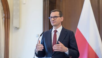 PRAGUE, CZECH REPUBLIC - 2022/06/03: Prime minister of Poland Mateusz Morawiecki speaks during a joint press conference. A joint meeting of Czech and Polish governments took place today on the 3rd of June in Prague. Members of both governments discuss current situation in Ukraine, common energy security, the upcoming Czech presidency of the Council of the European Union, and other topics. (Photo by Tomas Tkacik/SOPA Images/LightRocket via Getty Images)