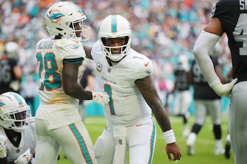 Nov 17, 2024; Miami Gardens, Florida, USA; Miami Dolphins quarterback Tua Tagovailoa (1) celebrates a touchdown by running back De'Von Achane (28) against the Las Vegas Raiders in the fourth quarter at Hard Rock Stadium. Mandatory Credit: Jim Rassol-Imagn Images