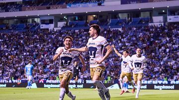 Ignacio Pussetto celebrates his goal 1-0 of Pumas during the 14th round match between Cruz Azul and Pumas UNAM as part of the Liga BBVA MX, Torneo Clausura 2025 at Cuauhtemoc Stadium, on April 05, 2025 in Puebla, Mexico.