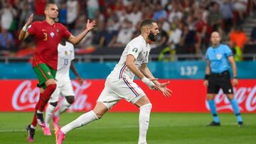 23 June 2021, Hungary, Budapest: France's Karim Benzema celebrates scoring his side's first goal during the UEFA EURO 2020 Group F soccer match between Portugal and France at the Puskas Arena. Photo: Robert Michael/dpa-Zentralbild/dpa
23/06/202