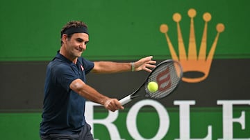 Swiss Roger Federer participates in the exhibition event Roger and friends celebrity doubles match at the Shanghai Masters tennis tournament in Shanghai on October 10, 2025. (Photo by Hector RETAMAL / AFP)