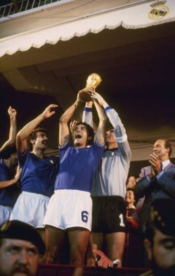 Italy won their third World Cup at the Santiago Bernabéu stadium in Madrid with a 3-1 victory over West Germany. Dino Zoff, pictured left of Claudio Gentile, was world champion in his final World Cup at the age of 40.