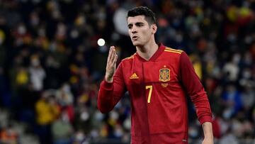 Spain&#039;s forward Alvaro Morata celebrates after scoring a goal during the friendly football match between Spain and Iceland at the Municipal de Riazor stadium in La Coruna on March 29, 2022. (Photo by JAVIER SORIANO / AFP)