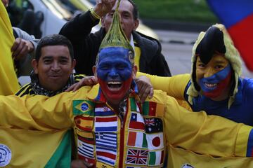 23 de mayo de 2014: Casi 30 mil hinchas se dieron cita en el estadio El Campín para despedir a la Selección Colombia, que se alistaba para encarar el Mundial de Brasil 2014. Las gradas, que habitualmente se visten de rojo y azul, se volverán a vestir de tricolor este viernes, antes de emprender el viaje a Rusia 2018.