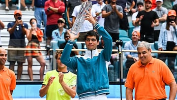 Carlos Alcaraz, of Spain, poses with his trophy after winning the menx92s single finals at the 2022 Miami Open presented by Ita? at Hard Rock Stadium in Miami Gardens, Florida, on April 3, 2022. - Alcaraz became the youngest ever Miami Open champion on April 3, after the 18-year-old Spaniard defeated Norway&#039;s Casper Ruud to win his first ATP Masters title. (Photo by CHANDAN KHANNA / AFP)