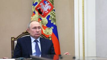 Russian President Vladimir Putin chairs a Security Council meeting via a video link at the Kremlin in Moscow on March 31, 2023. (Photo by Aleksey Babushkin / SPUTNIK / AFP) (Photo by ALEKSEY BABUSHKIN/SPUTNIK/AFP via Getty Images)