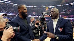 CLEVELAND, OHIO - FEBRUARY 20: (L-R) LeBron James and Michael Jordan attend the 2022 NBA All-Star Game at Rocket Mortgage Fieldhouse on February 20, 2022 in Cleveland, Ohio. NOTE TO USER: User expressly acknowledges and agrees that, by downloading and or using this photograph, User is consenting to the terms and conditions of the Getty Images License Agreement.  (Photo by Kevin Mazur/Getty Images)