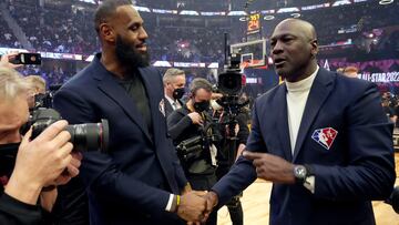 CLEVELAND, OHIO - FEBRUARY 20: (L-R) LeBron James and Michael Jordan attend the 2022 NBA All-Star Game at Rocket Mortgage Fieldhouse on February 20, 2022 in Cleveland, Ohio. NOTE TO USER: User expressly acknowledges and agrees that, by downloading and or using this photograph, User is consenting to the terms and conditions of the Getty Images License Agreement.  (Photo by Kevin Mazur/Getty Images)