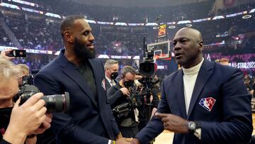 CLEVELAND, OHIO - FEBRUARY 20: (L-R) LeBron James and Michael Jordan attend the 2022 NBA All-Star Game at Rocket Mortgage Fieldhouse on February 20, 2022 in Cleveland, Ohio. NOTE TO USER: User expressly acknowledges and agrees that, by downloading and or using this photograph, User is consenting to the terms and conditions of the Getty Images License Agreement. (Photo by Kevin Mazur/Getty Images)