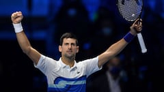 El tenista serbio Novak Djokovic celebra su victoria ante Andrey Rublev en las ATP Finals en el Pala Alpitour de Turin.
