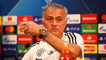 MANCHESTER, ENGLAND - OCTOBER 01:  Jose Mourinho, Manager of Manchester United reacts when speaking to the media during a press conference ahead of their Group H match against Valencia in UEFA Champions League at Aon Training Complex on October 1, 2018 in