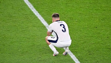 England's defender #03 Luke Shaw reacts at the end of the UEFA Euro 2024 final football match between Spain and England at the Olympiastadion in Berlin on July 14, 2024. (Photo by Tobias SCHWARZ / AFP)