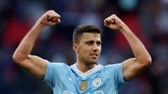 Soccer Football - FA Cup - Semi Final - Manchester City v Chelsea - Wembley Stadium, London, Britain - April 20, 2024 Manchester City's Rodri celebrates after the match Action Images via Reuters/Paul Childs