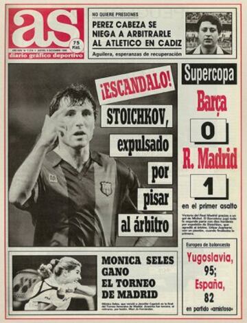 Barcelona's Hristo Soicjkov received his marching orders for a stamp on the match official during the Spanish Super Cup in 1990 with "Los Blancos" securing a 0-1 win. Cover date - December 6 1990