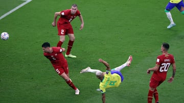 LUSAIL CITY, QATAR - NOVEMBER 24: Richarlison of Brazil scores their team's second goal during the FIFA World Cup Qatar 2022 Group G match between Brazil and Serbia at Lusail Stadium on November 24, 2022 in Lusail City, Qatar. (Photo by Michael Steele/Getty Images)