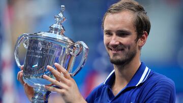 FILE PHOTO: Sep 12, 2021; Flushing, NY, USA; Daniil Medvedev of Russia celebrates with the championship trophy after his match against Novak Djokovic of Serbia (not pictured) in the men's singles final on day fourteen of the 2021 U.S. Open tennis tournament at USTA Billie Jean King National Tennis Center. Mandatory Credit: Danielle Parhizkaran-USA TODAY Sports/File Photo