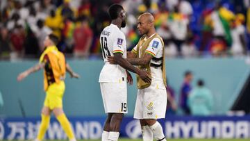 DOHA, QATAR - NOVEMBER 24: Inaki Williams of Ghana and Andre Ayew of Ghana during the Group H - FIFA World Cup Qatar 2022 match between Portugal and Ghana at the Stadium 974 on November 24, 2022 in Doha, Qatar (Photo by Pablo Morano/BSR Agency/Getty Images)