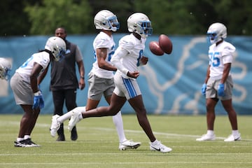 Terrion Arnold #0 of the Detroit Lions works out during the mandatory minicamp at the Detroit Lions Headquarters and Training Facility on June 05, 2024, in Allen Park, Michigan.  