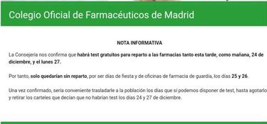 La razn por que no se dispensarn test de antgenos el 25 y 26 de diciembre