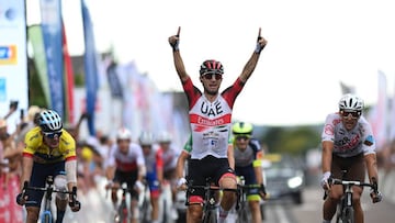 LIMOGES, FRANCE - AUGUST 18: Diego Ulissi of Italy and UAE Team Emirates celebrates at finish line as stage winner ahead of Alex Aranburu Deba of Spain and Movistar Team - Yellow Leader Jersey (L) and Greg Van Avermaet of Belgium and AG2R Citr?en Team (R) during the 55th Tour du Limousin - Nouvelle Aquitaine 2022 - Stage 3 a 181,7km stage from Donzenac to Malemort / #TDL2022 / on August 18, 2022 in Limoges, France. (Photo by Dario Belingheri/Getty Images)