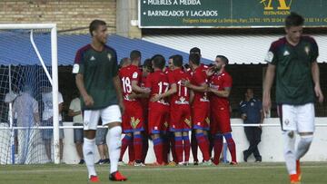 Los jugadores del Numancia celebran su primer gol ante el Osasuna.