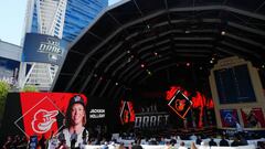 LOS ANGELES, CA - JULY 17:  A view of the draft board and stage after the selection of Jackson Holliday as the first pick overall during the 2022 Major League Baseball Draft at L.A. Live on Sunday, July 17, 2022 in Los Angeles, California. (Photo by Daniel Shirey/MLB Photos via Getty Images)