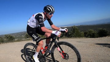 BAEZA, SPAIN - FEBRUARY 13: Tadej Pogacar of Slovenia and UAE Team Emirates competes in the breakaway on a gravel road during the 2nd Clasica Jaen Paraiso Interior 2023 a 178,9km one day race from ?beda to Baeza 752m / #Cl?sicaJa?n23 / on February 13, 2023 in Baeza, Spain. (Photo by Dario Belingheri/Getty Images)