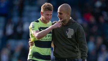 LEICESTER, ENGLAND - OCTOBER 29: Manchester City manager Pep Guardiola with Kevin De Bruyne of Manchester City following the Premier League match between Leicester City and Manchester City at The King Power Stadium on October 29, 2022 in Leicester, United Kingdom. (Photo by Joe Prior/Visionhaus via Getty Images)