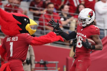 Wide receiver Marvin Harrison Jr. of the Arizona Cardinals high fives mascot 'Big Red' after scoring a 60-yard touchdown reception against the Los Angeles Rams.