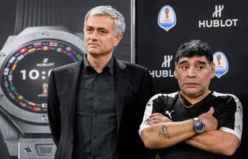 Jose Mourinho and Diego Maradona attend the Match of Friendship by Hublot at Baselworld on March 21, 2018 in Basel, Switzerland.