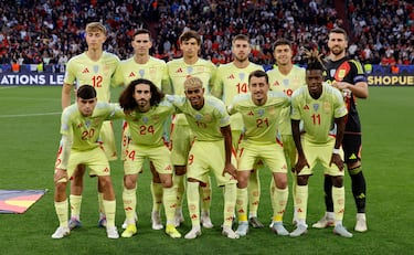 Once inicial de España. Dean Huijsen, Fabián Ruiz, Robin Le Normand, Óscar Mingueza, Martín Zubimendi, Unai Simón, Pedri, Marc Cucurella, Lamine Yamal, Mikel Oyarzabal y Nico Williams.