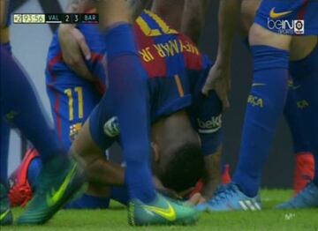 Neymar reacts after being struck by the missile