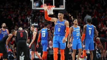 Mar 7, 2019; Portland, OR, USA;  Oklahoma City Thunder guard Russell Westbrook (0) waves to Portland Trail Blazers&#039; fans after Oklahoma defeated Portland 129-121 at Moda Center. Mandatory Credit: Jaime Valdez-USA TODAY Sports