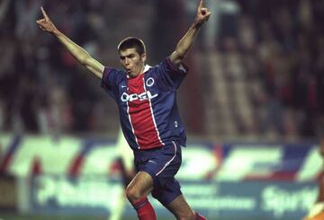 10 Apr 1997: Jerome Leroy of Paris St Germain celebrates a goal during the European Cup Winners Cup Semi-Final First Leg against Liverpool at Parc Des Princes in Paris.