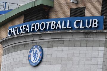 The Chelsea Football Club logo outside the Stamford Bridge ahead of the English Premier League 