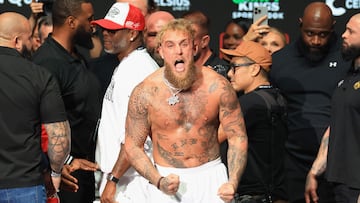 IRVING, TEXAS - NOVEMBER 14: Jake Paul reacts during the ceremonial weigh-in with Mike Tyson (not pictured) at The Pavilion at Toyota Music Factory on November 14, 2024 in Irving, Texas. The two are scheduled to meet in a heavyweight bout on November 15 at AT&T Stadium in Arlington, Texas. Christian Petersen/Getty Images/AFP (Photo by Christian Petersen / GETTY IMAGES NORTH AMERICA / Getty Images via AFP)