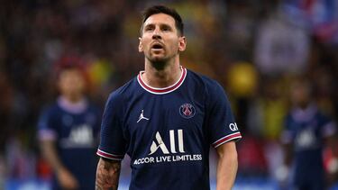 Paris Saint-Germain's Argentinian forward Lionel Messi looks on during the French L1 football match between Stade de Reims and Paris Saint-Germain (PSG) at Stade Auguste Delaune in Reims, northern France on August 29, 2021. (Photo by FRANCK FIFE / AF