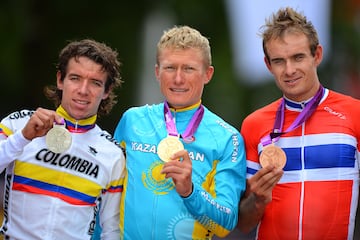 Podio de ruta masculina: Rigoberto Uran (Col) Medalla de Plata / Alexandr Vinokourov (Kaz) Medalla de Oro / Alexander Kristoff (Nor) Medalla de Bronce