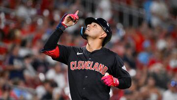 Sep 20, 2024; St. Louis, Missouri, USA; Cleveland Guardians second baseman Andres Gimenez (0) reacts as he runs the bases after hitting a solo home run against the St. Louis Cardinals during the sixth inning at Busch Stadium. Mandatory Credit: Jeff Curry-Imagn Images