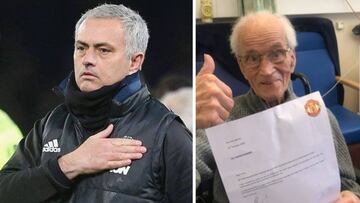 Im&aacute;genes de Jos&eacute; Mourinho y de Fredrick Schofield, un incondicional del Manchester United de 94 a&ntilde;os del Manchester United posando con la carta que le ha escrito en entrenador portugu&eacute;s 