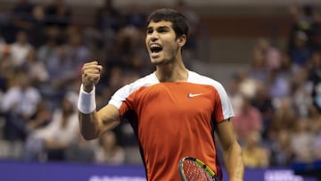 Carlos Alcaraz celebrates a point against Casper Ruud during their Men's Singles Final match on Day Fourteen of the 2022 US Open.