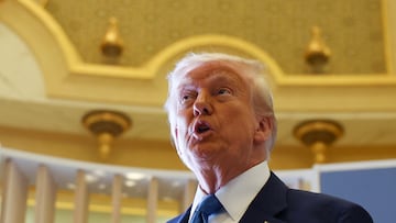 U.S. President Donald Trump speaks as he attends a business forum at Qasr Al Watan during the final stop of his Gulf visit, in Abu Dhabi, United Arab Emirates, May 16, 2025. REUTERS/Amr Alfiky