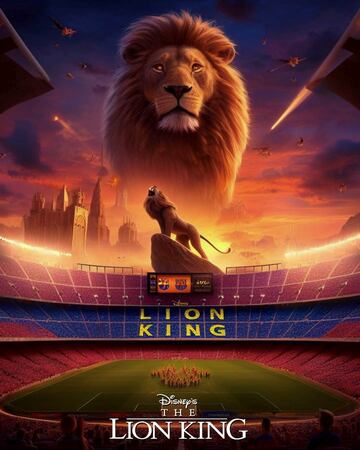 El cartel muestra un le¨®n, presumiblemente Simba, rugiendo sobre la roca encima del Camp Nou, y un le¨®n saliendo del cielo, presumiblemente Mufasa el padre fallecido de Simba. Mientras se aprecia un colorido tifo con los colores del club blaugrana y el t¨ªtulo de la pel¨ªcula su idioma originalo, Lion King.
