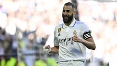 MADRID, SPAIN - APRIL 02: Karim Benzema of Real Madrid celebrates after scoring a goal during the La Liga week 27 football match between Real Madrid and Real Valladolid at the Santiago Bernabeu Stadium in Madrid, Spain on April 02, 2023. (Photo by Burak Akbulut/Anadolu Agency via Getty Images)