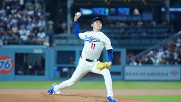 Mar 30, 2026; Los Angeles, California, USA; Los Angeles Dodgers pitcher Roki Sasaki (11) throws against the Cleveland Guardians at Dodger Stadium. Mandatory Credit: Kirby Lee-Imagn Images
